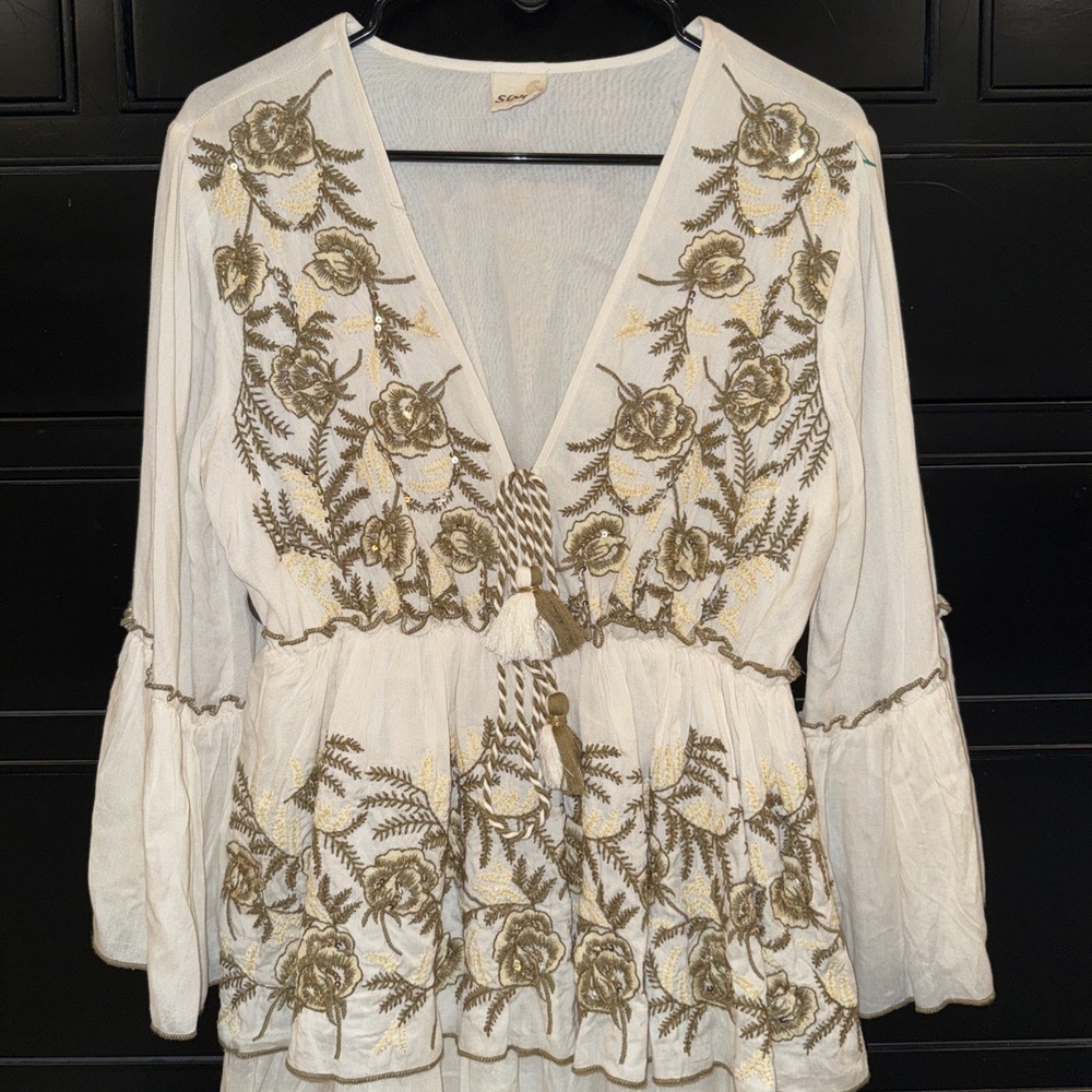 Siya Women's Floral Embroidered Tiered Dress Bohemian Viscose Lined Ivory Gold - Picture 3 of 8